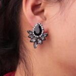 Black Resin Sweet Metal with Gems Ear Stud Earrings